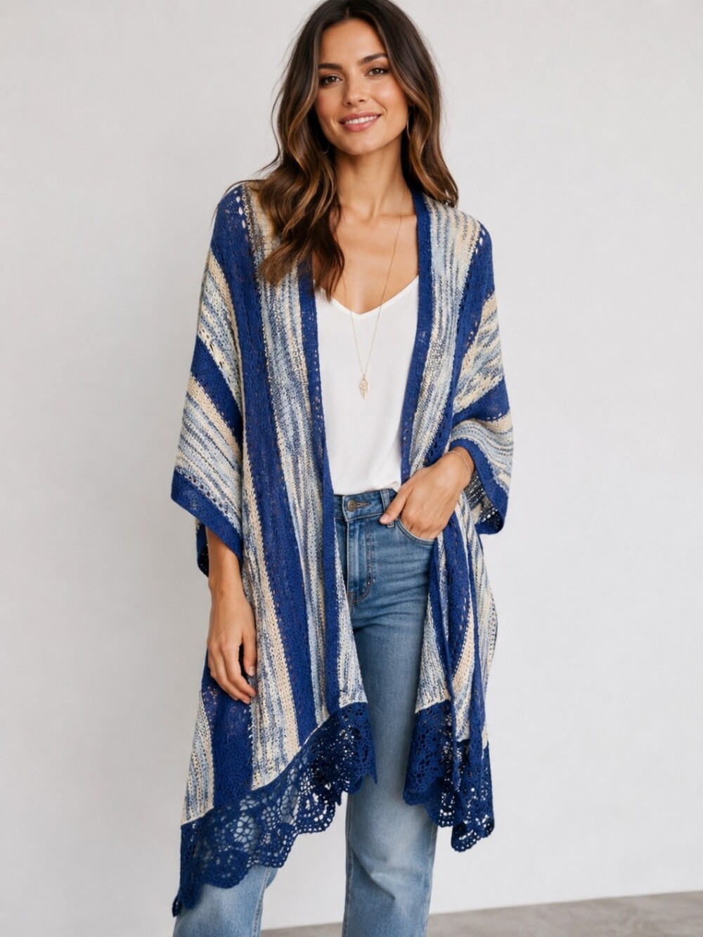Chico's Blue Cream Striped Open Front Kimono Cardigan Lace Trim Boho Duster L/XL